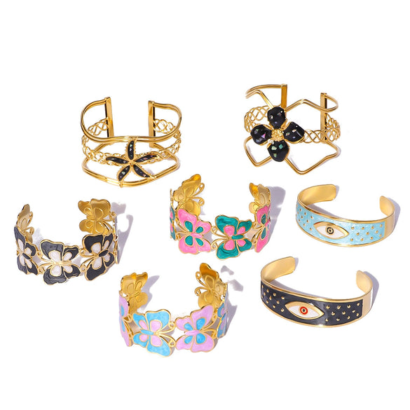 Wholesale Retro Enamel Stainless Steel Bracelet With Devil's Eye Flower Geometric Design And 18K Furnace Vacuum Plating
