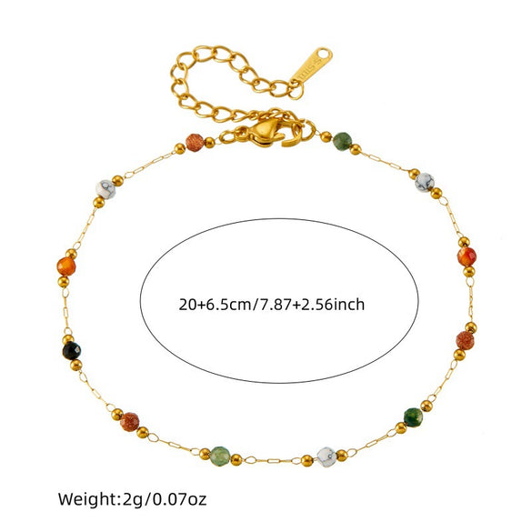 Wholesale Retro Ethnic Style Color Stone Beaded Stainless Steel Gold Plated Chain Bracelet With Geometric Pattern