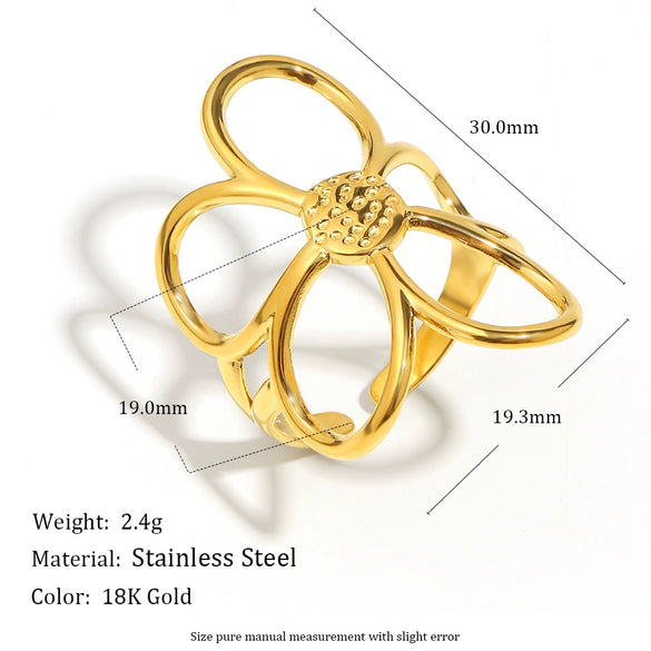 Wholesale Retro Exaggerated Niche Flower Open Ring For Women Stainless Steel 18K Gold Plated