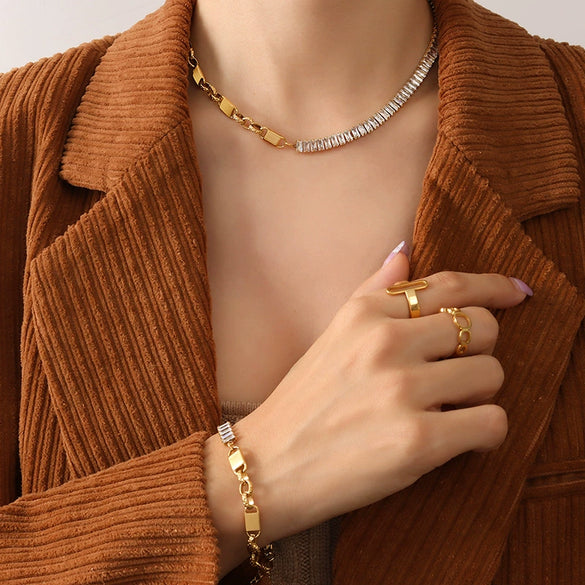 Wholesale Retro Exaggerated Zircon Stitching Titanium Steel Bracelet And Necklace Set For Women