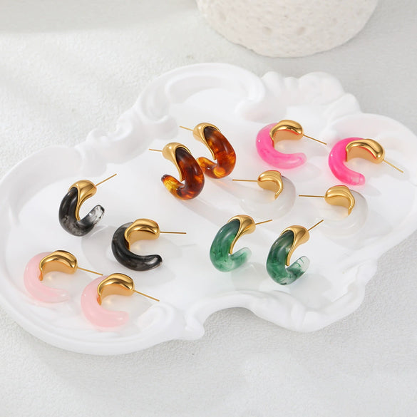 Wholesale Retro Exquisite Geometric Cshaped Electroplated Resin And Stainless Steel Earrings For Women