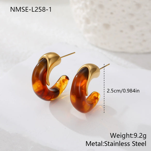 Wholesale Retro Exquisite Geometric Cshaped Electroplated Resin And Stainless Steel Earrings For Women