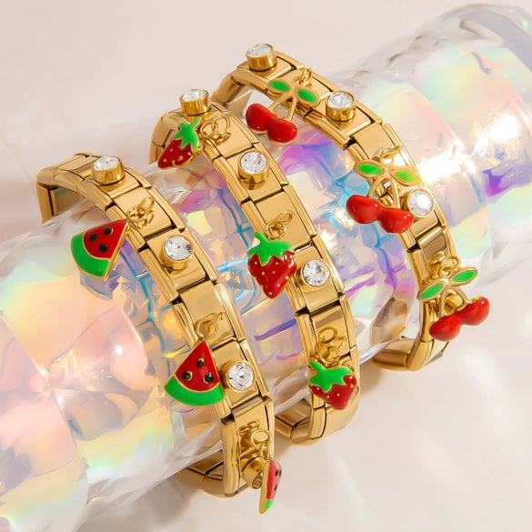 Wholesale Retro Fashion Elegant Unisex Fruit Pattern Square Strawberry Oil Drop Pendant Stainless Steel Electroplated Bracelet