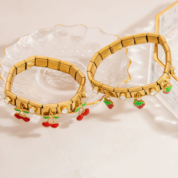 Wholesale Retro Fashion Elegant Unisex Fruit Pattern Square Strawberry Oil Drop Pendant Stainless Steel Electroplated Bracelet