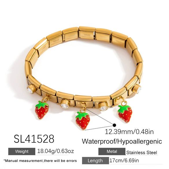 Wholesale Retro Fashion Elegant Unisex Fruit Pattern Square Strawberry Oil Drop Pendant Stainless Steel Electroplated Bracelet