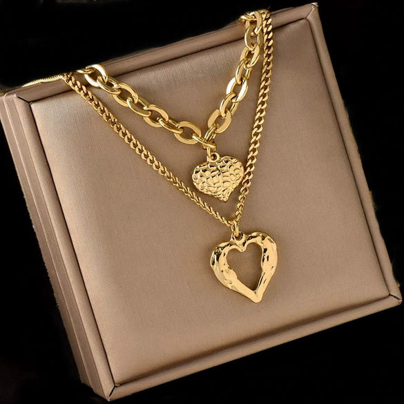 Wholesale Retro Fashion High End Simple Multi Layer Titanium Steel Chain With Hollow Heart Pendant And Electroplating Treatment