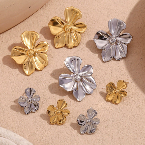 Wholesale Retro Fashion Niche Temperament Explosive Earrings For Women Stainless Steel 18K Gold Casting Five Petal Flower Electroplated