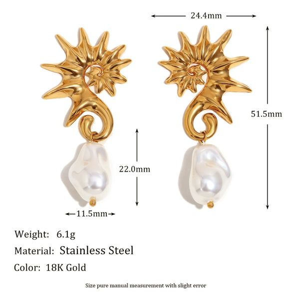 Wholesale Retro Fashion Seahorse Baroque Pearl Earrings Stainless Steel Electroplated 18K Gold