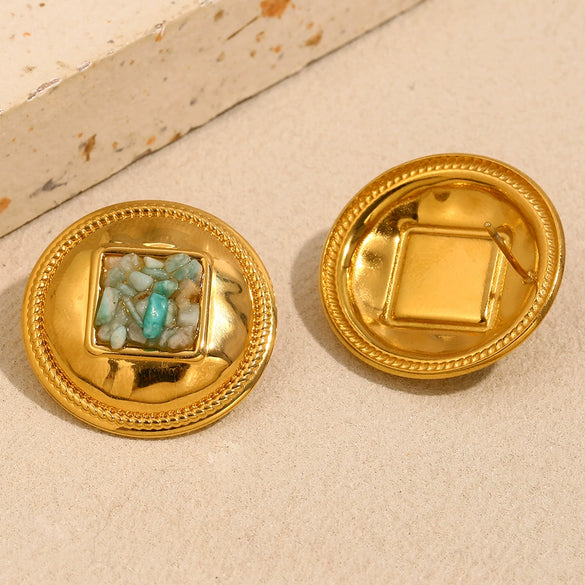 Wholesale Retro Fashionable Geometric Round Gravel Earrings For Women Stainless Steel 18K Gold Plated