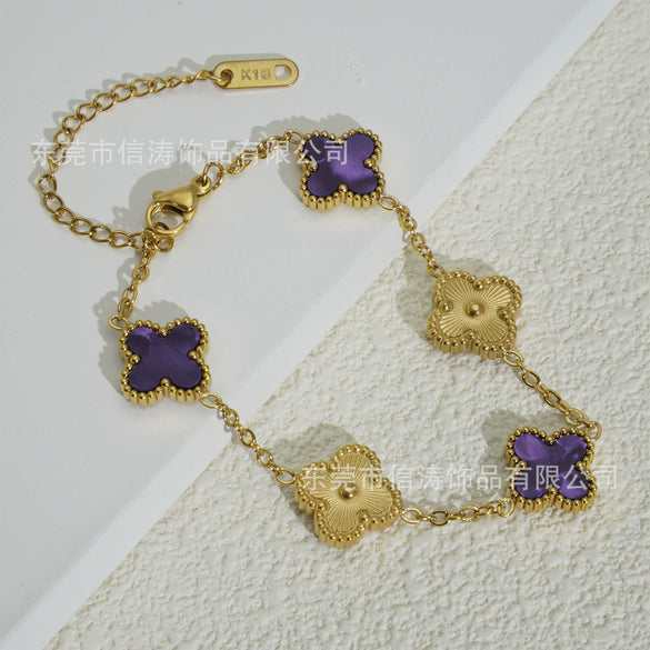 Wholesale Retro Floral Stainless Steel 18K Gold Plated Lucky Clover Bracelet For Men And Women