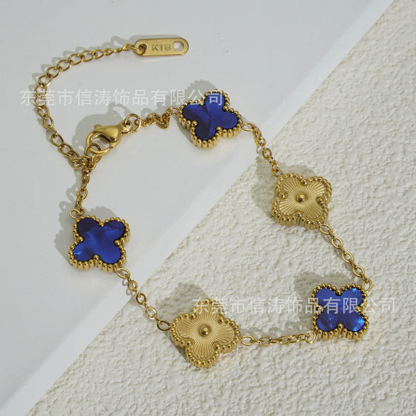 Wholesale Retro Floral Stainless Steel 18K Gold Plated Lucky Clover Bracelet For Men And Women