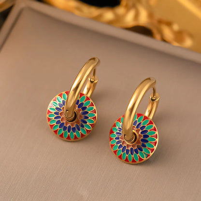 304 Stainless Steel 18K Gold Plated Retro Enamel Flower Earrings Necklace