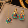 304 Stainless Steel 18K Gold Plated Retro Enamel Flower Earrings Necklace
