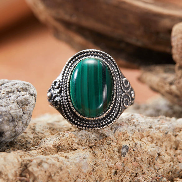 Wholesale Retro Gem Ring In Natural Color With Malachite And Tiger Eye S925 Sterling Silver Geometric Pattern Set With Gemstones For Women