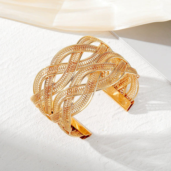 Wholesale Retro Geometric Alloy Woven Mesh Adjustable Wide Face Bracelet With Electroplating Treatment For Women And Unisex