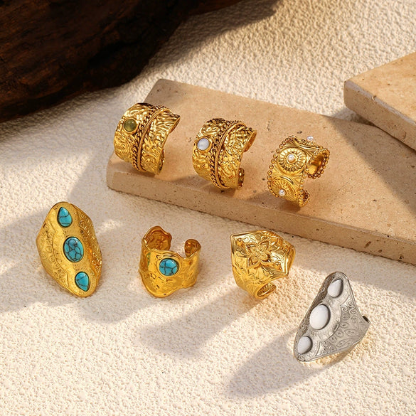 Wholesale Retro Geometric And Flower Patterned Stainless Steel Electroplated Adjustable Unisex Rings