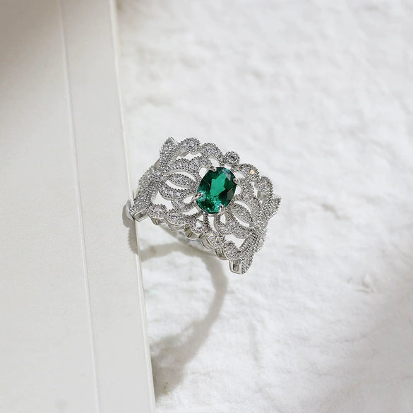 Wholesale Retro Geometric Cultivated Emerald S925 Sterling Silver Ring Set With Diamonds For Women