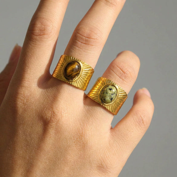 Wholesale Retro Geometric Emerald Stone Colorful Natural Stone 18K Gold Plated Stainless Steel Ring For Women