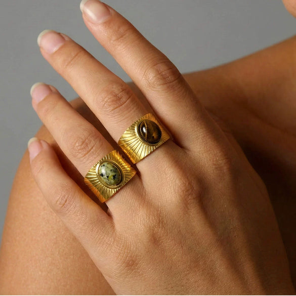 Wholesale Retro Geometric Emerald Stone Colorful Natural Stone 18K Gold Plated Stainless Steel Ring For Women