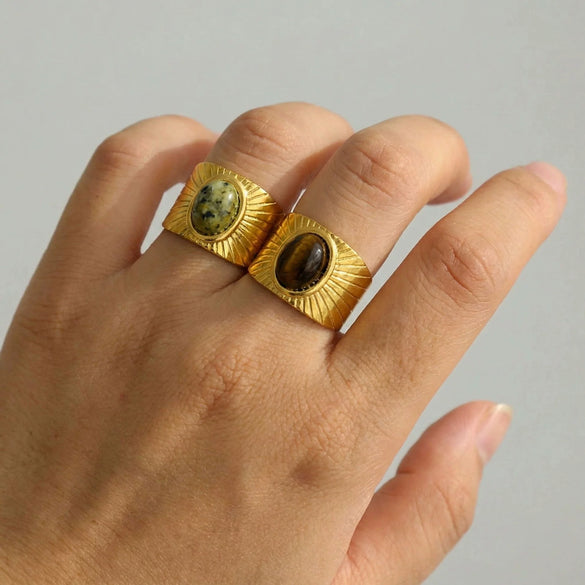 Wholesale Retro Geometric Emerald Stone Colorful Natural Stone 18K Gold Plated Stainless Steel Ring For Women