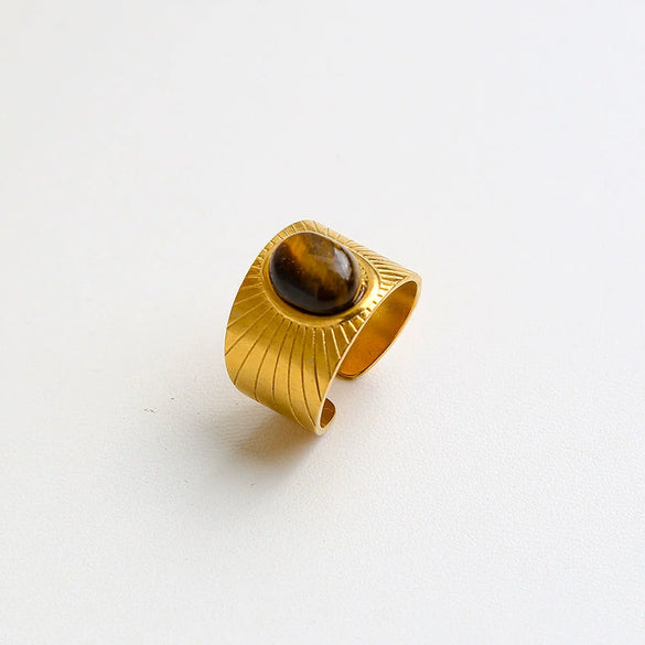 Wholesale Retro Geometric Emerald Stone Colorful Natural Stone 18K Gold Plated Stainless Steel Ring For Women