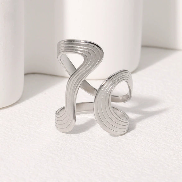 Wholesale Retro Geometric Exaggerated Stainless Steel Ring With Simple Line Irregular Niche Design And Electroplating For Women