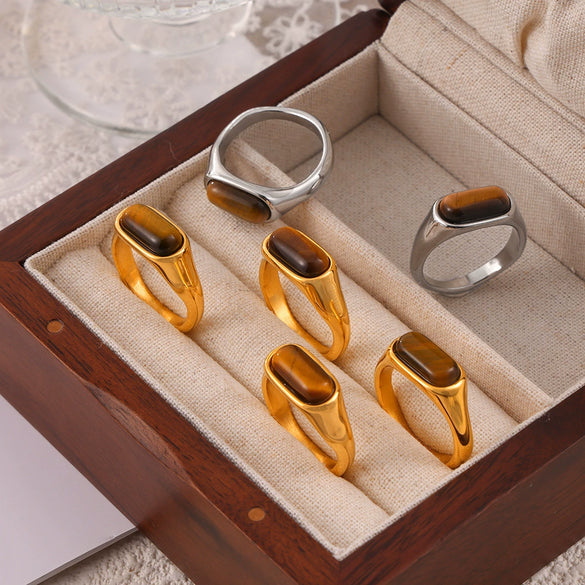 Wholesale Retro Geometric Jewelry Inlaid Tiger's Eye 316L Stainless Steel Goldplated Ring For Women