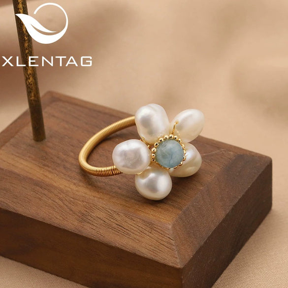 Wholesale Retro Geometric Natural Pearl Flower Winding Opening Ring For Women