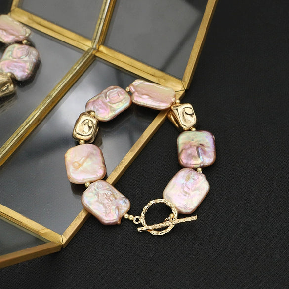 Wholesale Retro Geometric Natural Pearl Square Bracelet Electroplated With Real Gold For Women