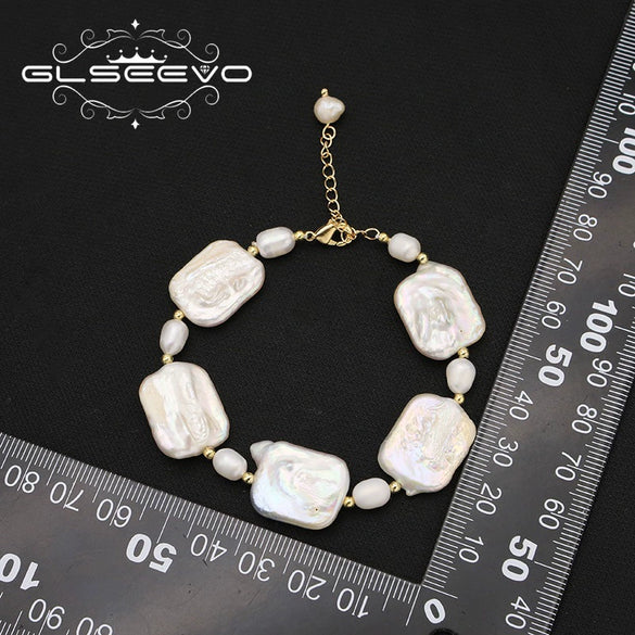Wholesale Retro Geometric Natural Pearl Square Bracelet Electroplated With Real Gold For Women