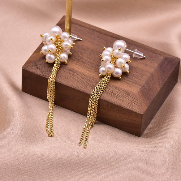 Wholesale Retro Geometric Natural Pearl 925 Sterling Silver Tassel Earrings With Electroplating