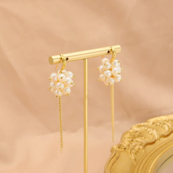 Wholesale Retro Geometric Natural Pearl 925 Sterling Silver Tassel Earrings With Electroplating