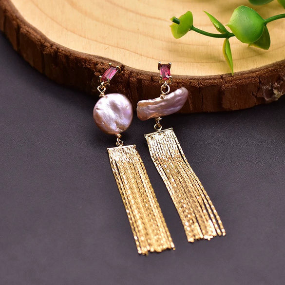 Wholesale Retro Geometric Natural Pearl 925 Sterling Silver Tassel Earrings With Electroplating