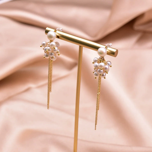Wholesale Retro Geometric Natural Pearl 925 Sterling Silver Tassel Earrings With Electroplating