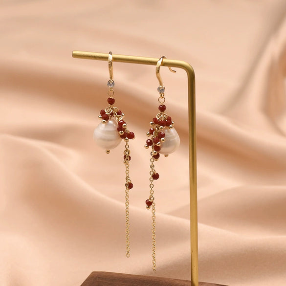 Wholesale Retro Geometric Natural Pearl 925 Sterling Silver Tassel Earrings With Electroplating