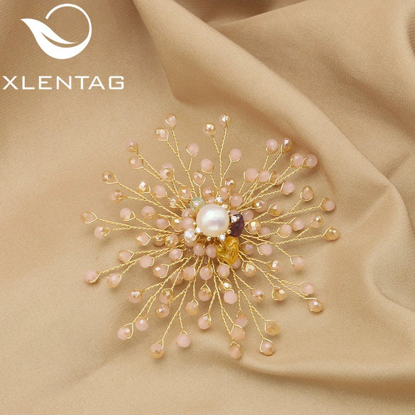 Wholesale Retro Geometric Natural Pearl Sunflower Brooch With Electroplating