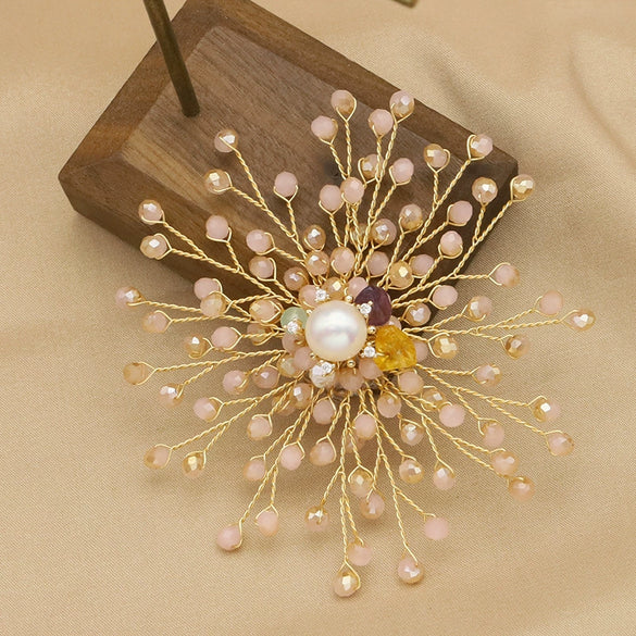 Wholesale Retro Geometric Natural Pearl Sunflower Brooch With Electroplating