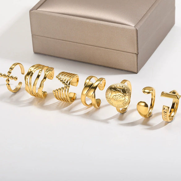 Wholesale Retro Geometric Open Ring Stainless Steel 18K Gold Electroplated Unisex