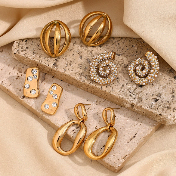 Wholesale Retro Geometric Stainless Steel Earrings And Luxury Pearl Ring For Women 18K Gold Plated