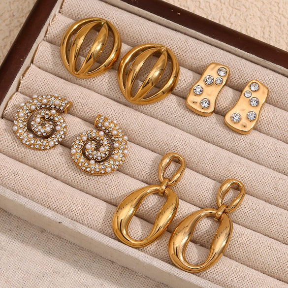 Wholesale Retro Geometric Stainless Steel Earrings And Luxury Pearl Ring For Women 18K Gold Plated