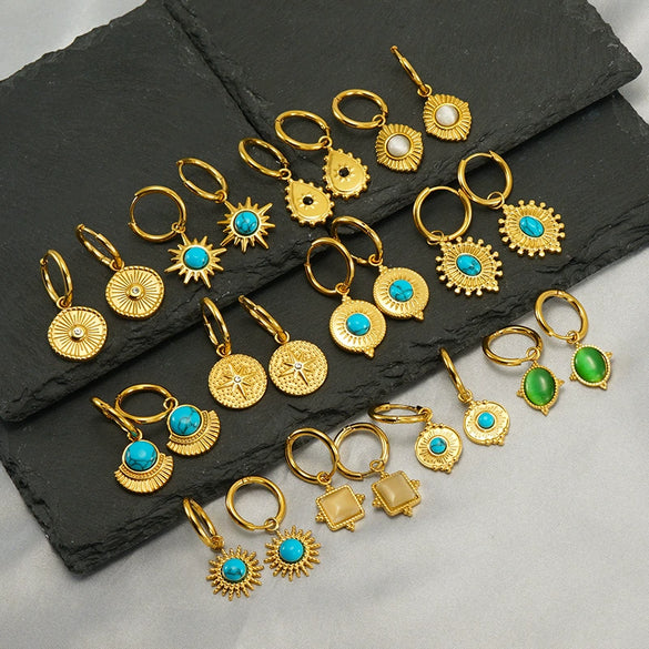 Wholesale Retro Geometric Stainless Steel Earrings For Women With Blue Turquoise And Electroplating