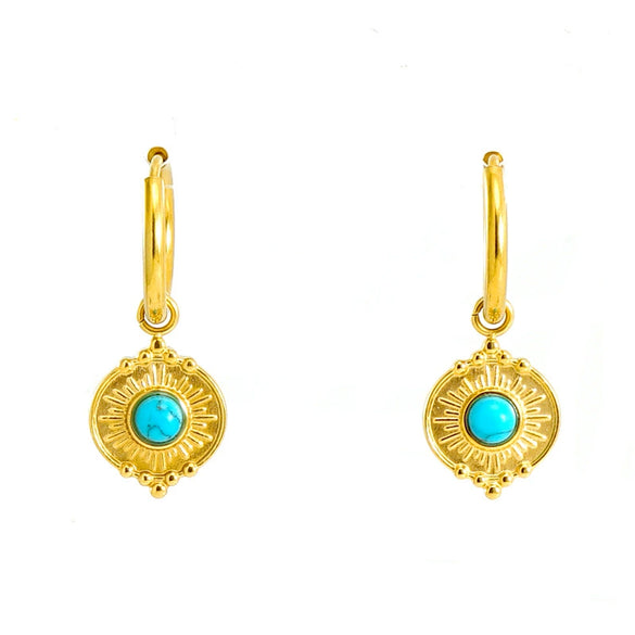 Wholesale Retro Geometric Stainless Steel Earrings For Women With Blue Turquoise And Electroplating