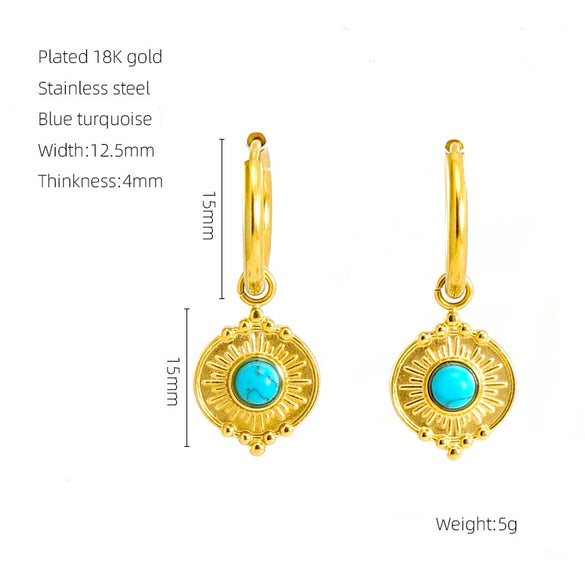 Wholesale Retro Geometric Stainless Steel Earrings For Women With Blue Turquoise And Electroplating