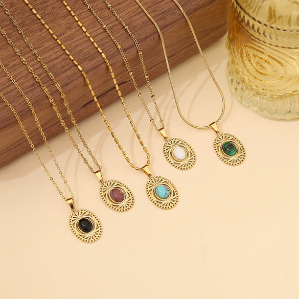 Wholesale Retro Geometric Stainless Steel Natural Stone Pendant Jewelry