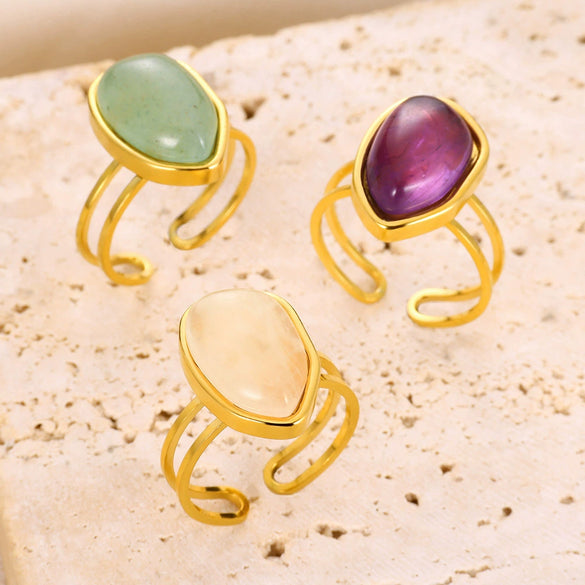 Wholesale Retro Geometric Stainless Steel Ring With Natural Stone And Electroplating