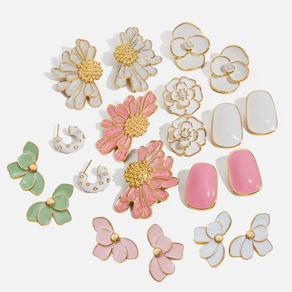 Wholesale Retro Geometric Stainless Steel White Oil Drop Flower Earrings With Electroplating For Women