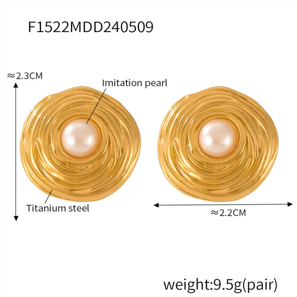 Wholesale Retro Geometric 316L Stainless Steel Gold Plated Bead Inlaid Round Flower Shape Earrings For Women