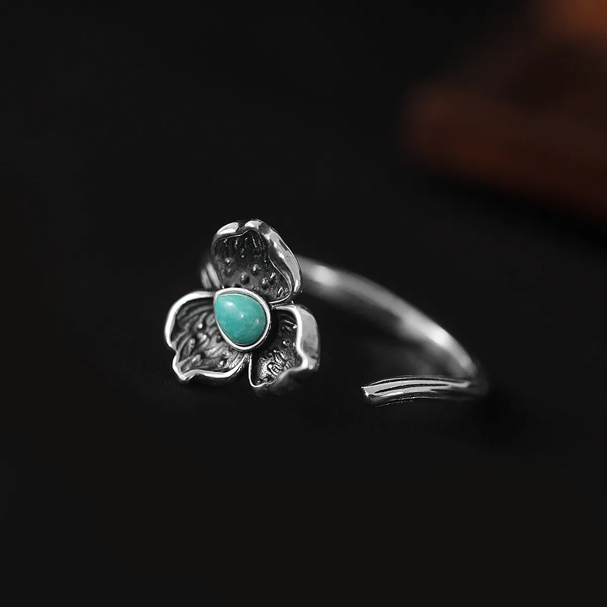 Wholesale Retro Ginkgo Leaf Sterling Silver Turquoise Open Ring