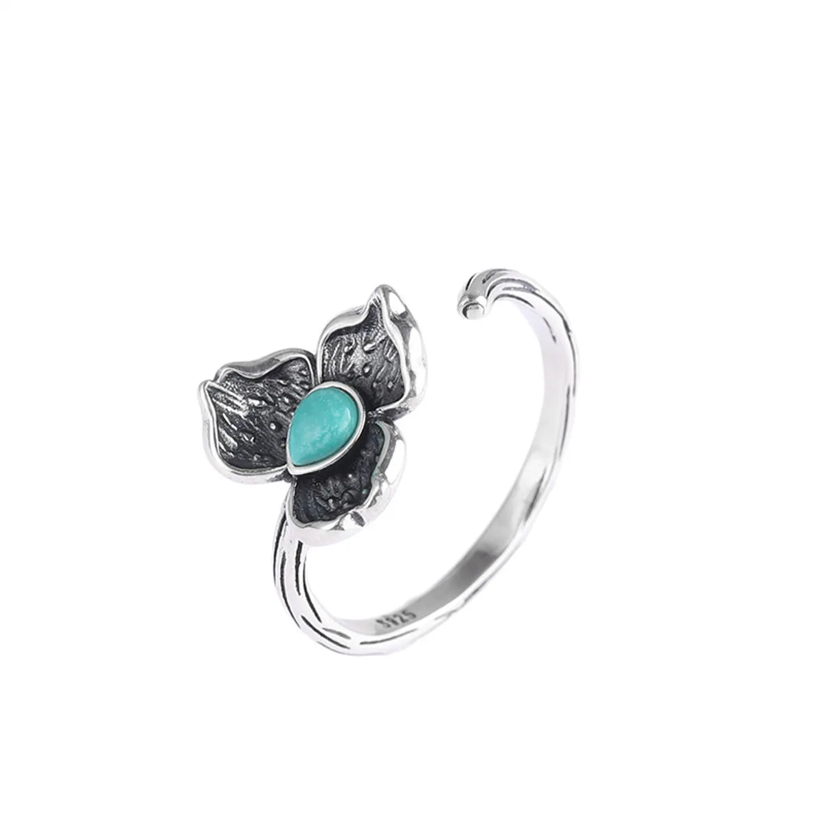 Wholesale Retro Ginkgo Leaf Sterling Silver Turquoise Open Ring