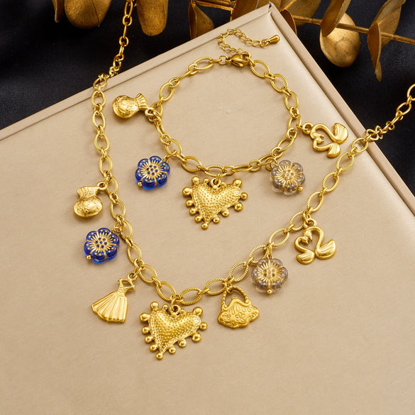 Wholesale Retro Goldplated Stainless Steel Jewelry Set With Heart Water Drop And Bell Patterns For Women